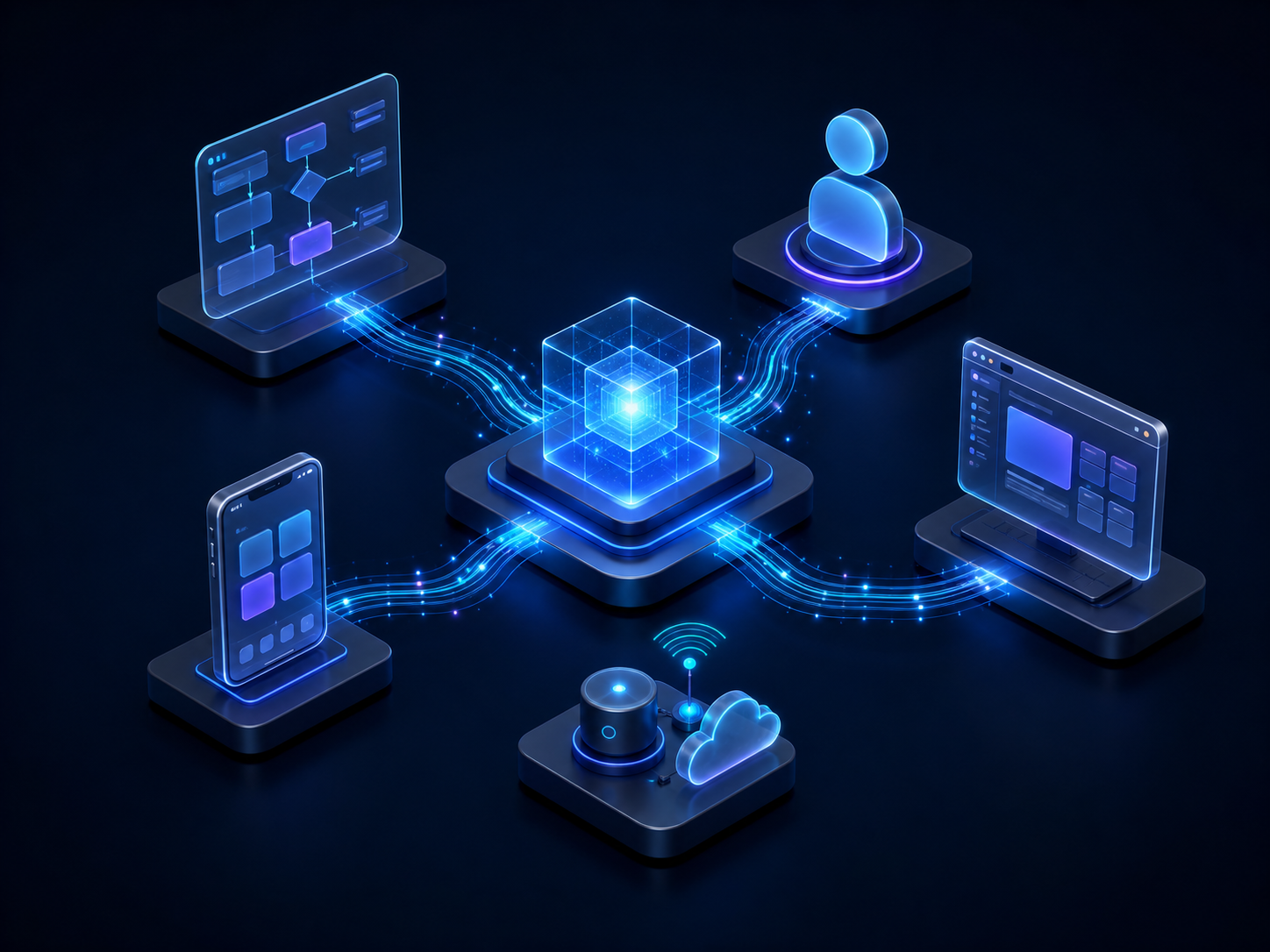 Ilustracija softverskog sistema koji povezuje poslovne procese, korisnike, aplikacije, cloud i IoT uređaje