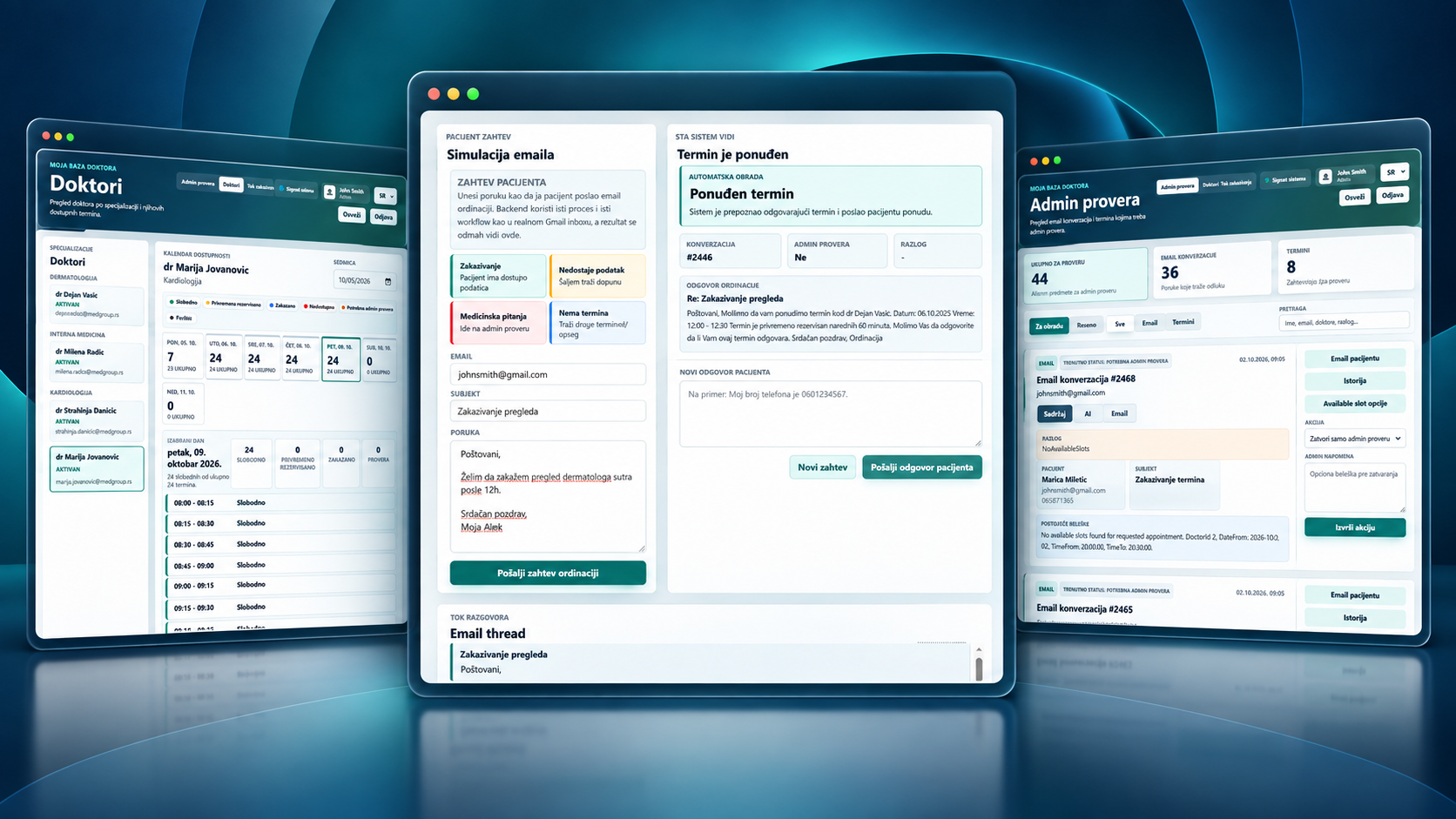 Web aplikacija za bolnice: pacijent zakazuje pregled email razgovorom sa AI asistentom